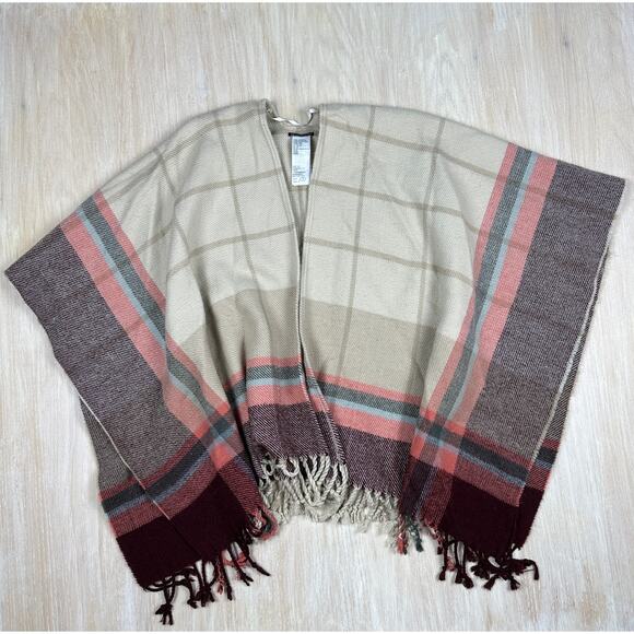 Abercrombie & Fitch Beige Plaid Cozy Blanket Pancho Shawl Fringe Wrap One Size - Picture 1 of 16